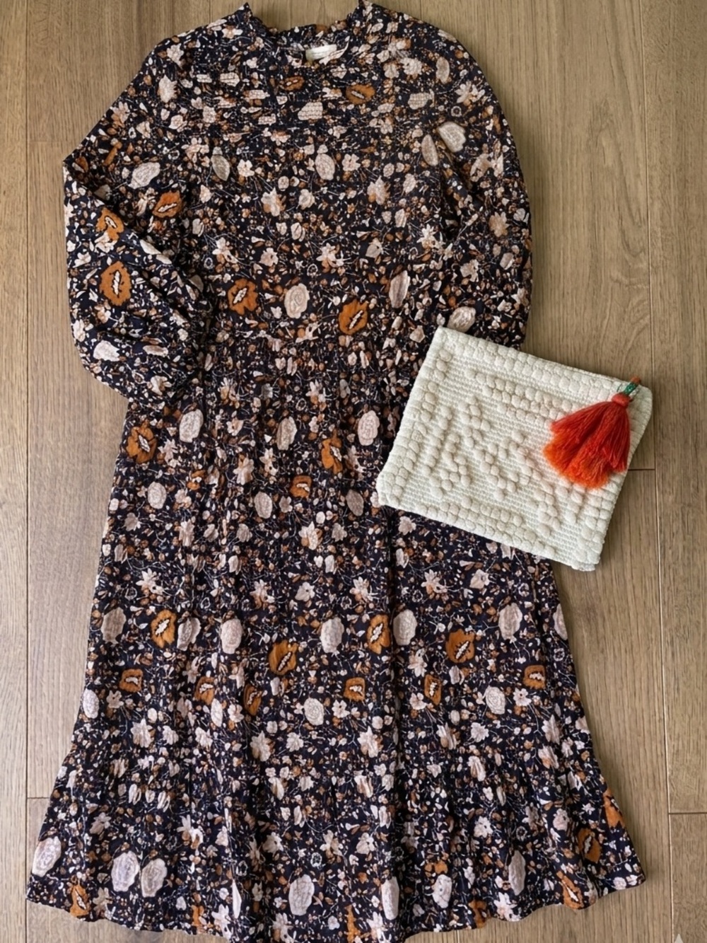 Universal Thread Navy Floral Long Sleeve Midi Dress and Clutch - Size S - NWOT